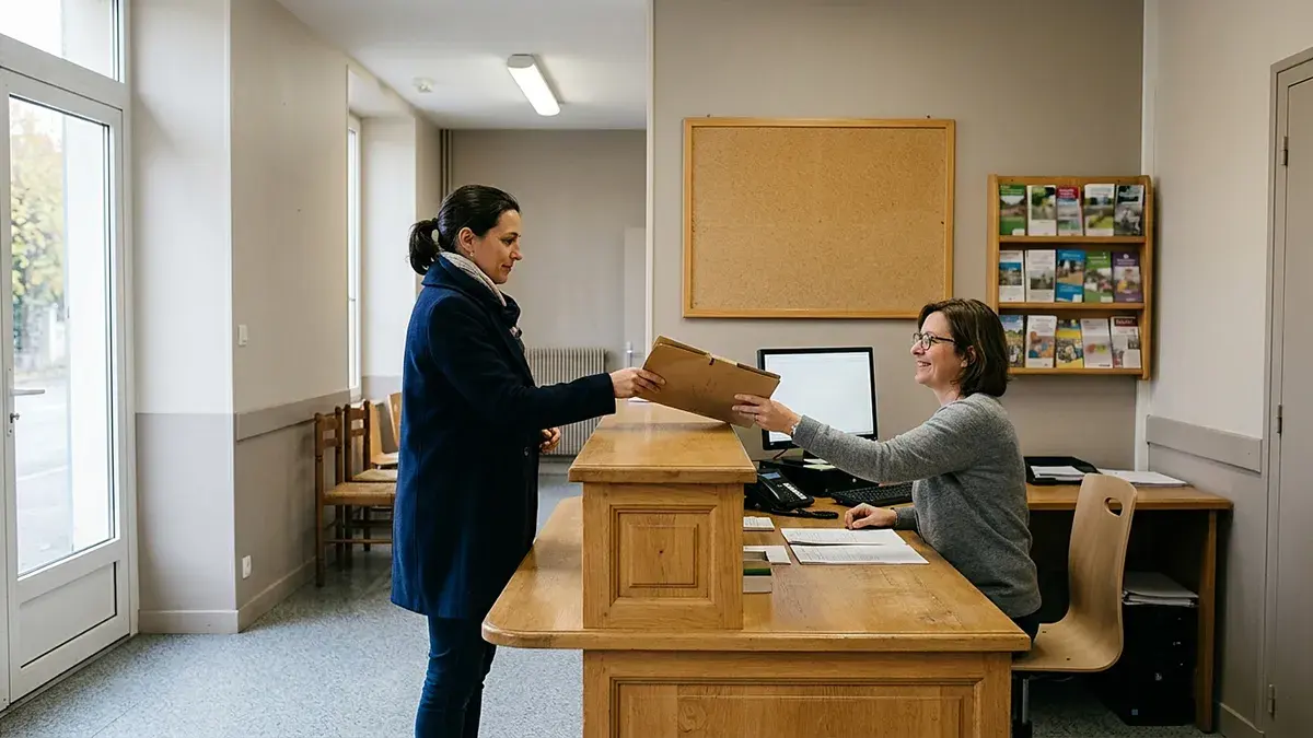 Guichet d'accueil d'une mairie, une usagère remet un dossier à l'agente
