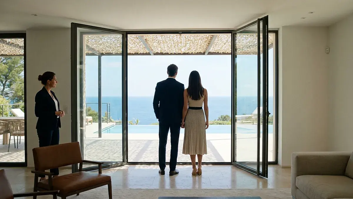 Couple de dos face à une baie vitrée ouverte sur la mer, une agente en retrait dans une villa