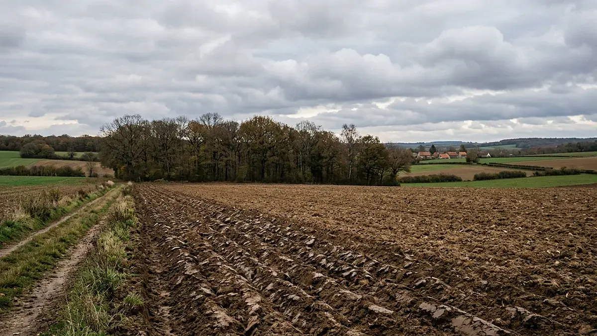 Champ labouré bordé d'une lisière d'arbres sous un ciel nuageux