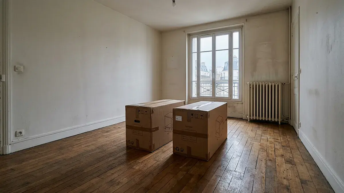 Studio vide avec cartons de déménagement sur le parquet