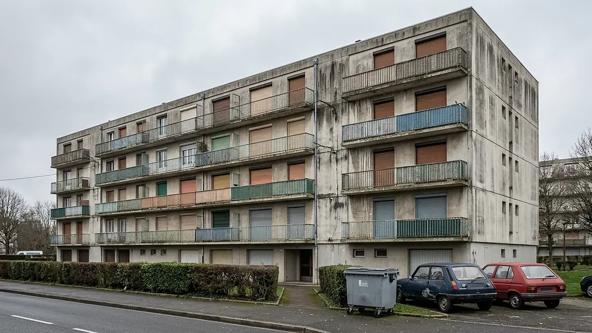 Immeuble d'habitation des années 1970 avec balcons, voitures garées devant