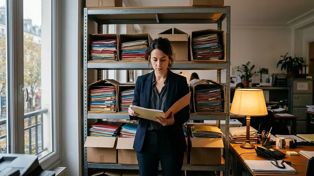 Femme lisant un document entre des étagères chargées de dossiers