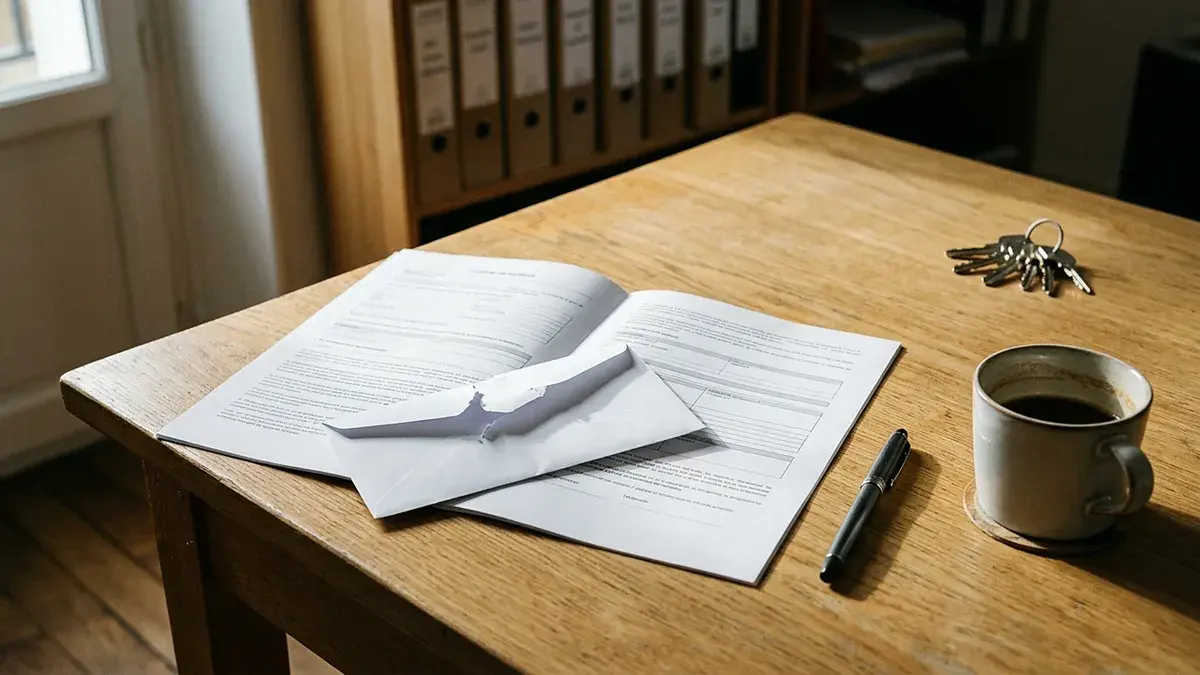 Courrier ouvert, clés et tasse de café sur une table en bois