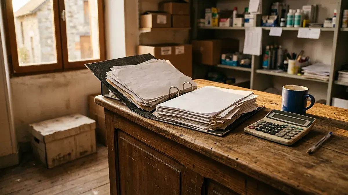 Comptoir en bois avec classeurs de factures, calculatrice et tasse