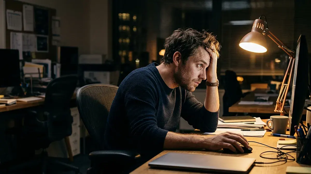 Négociateur la tête dans la main devant son ordinateur, le soir, sous une lampe