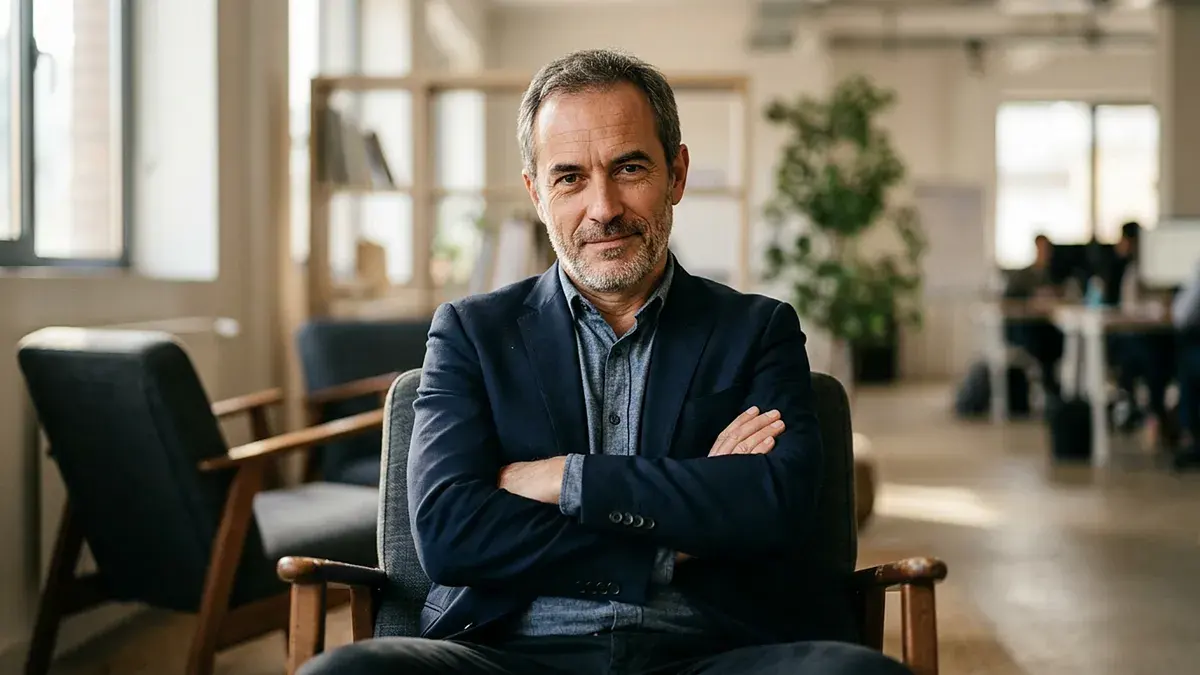 Propriétaire souriant assis bras croisés dans un bureau