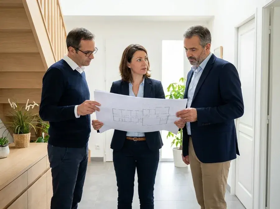 Trois professionnels étudiant un grand plan dans le hall d'un immeuble