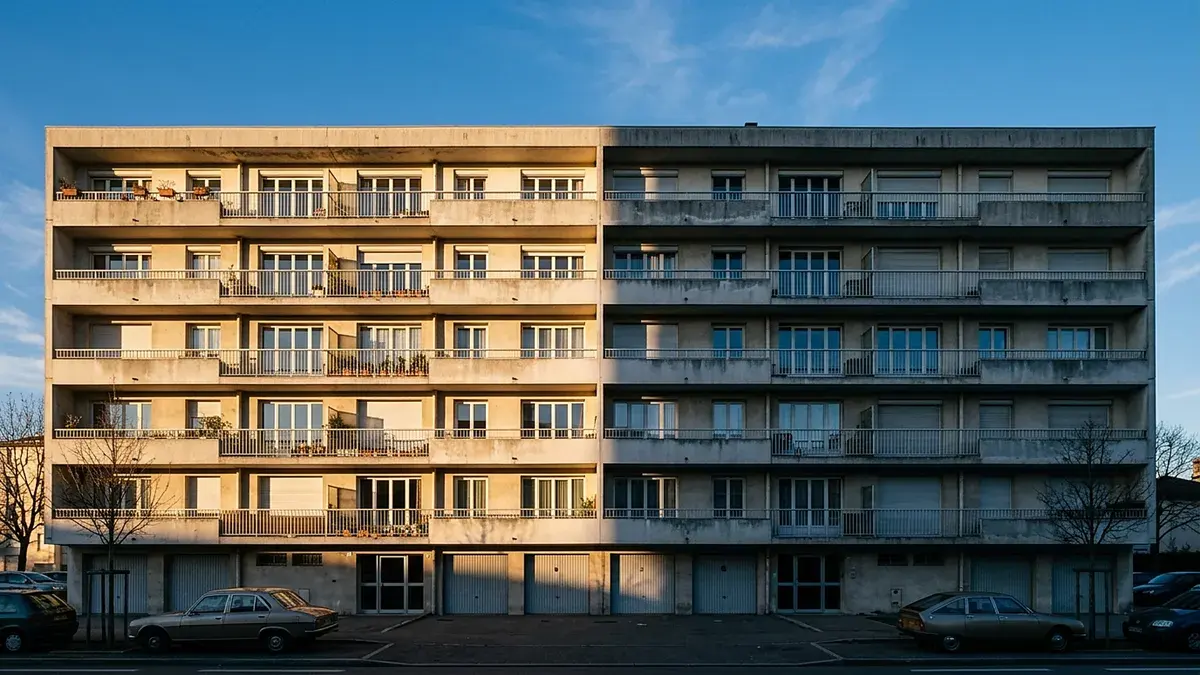 Façade d'un immeuble collectif à balcons éclairée par le soleil couchant