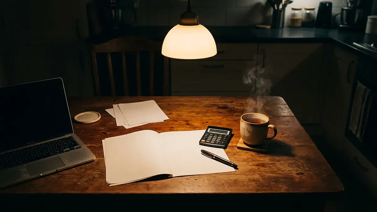 Table de cuisine le soir avec calculatrice, papiers et tasse sous une suspension