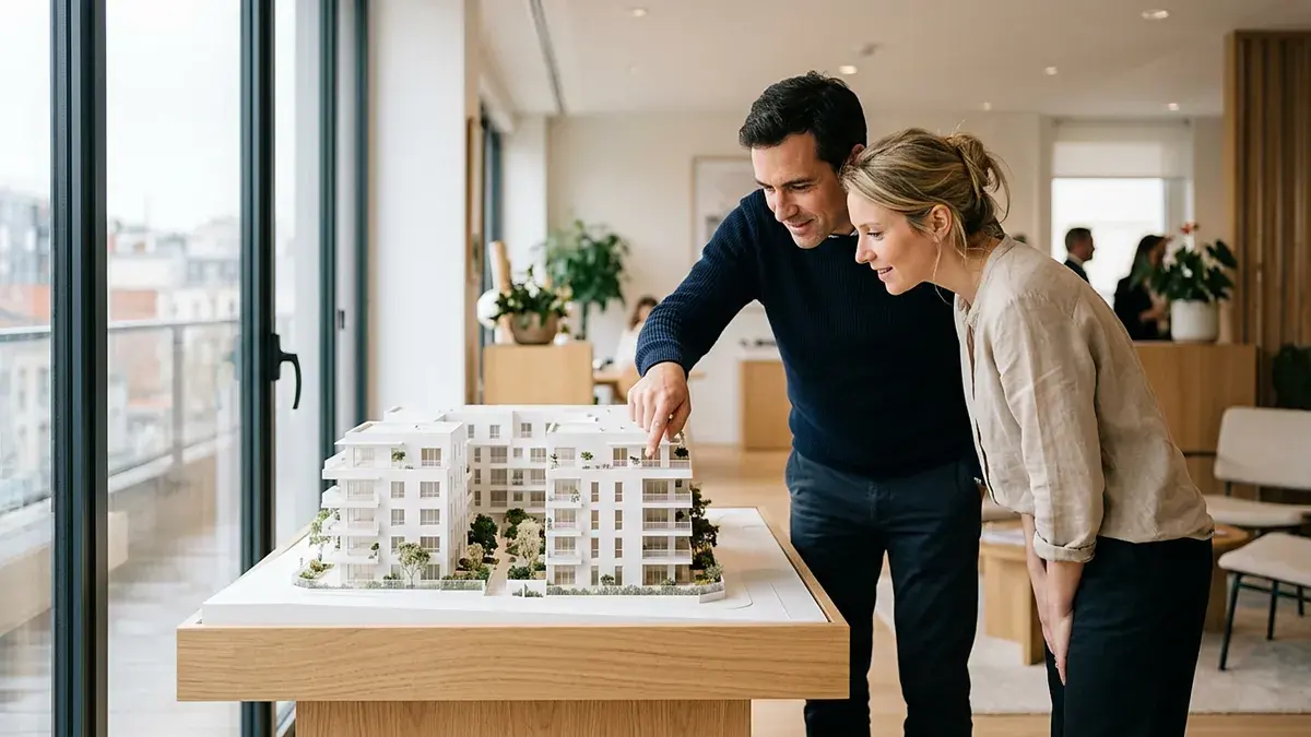Couple penché sur la maquette d'un immeuble dans un espace de vente