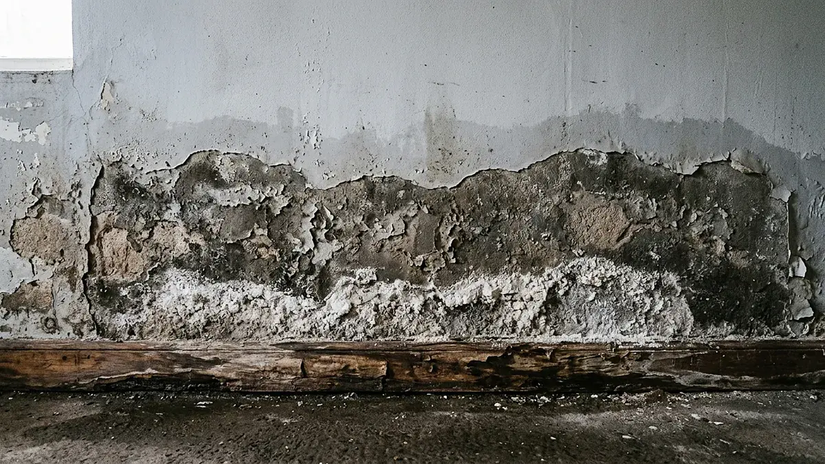 Bas de mur intérieur abîmé par l'humidité, enduit décollé et salpêtre