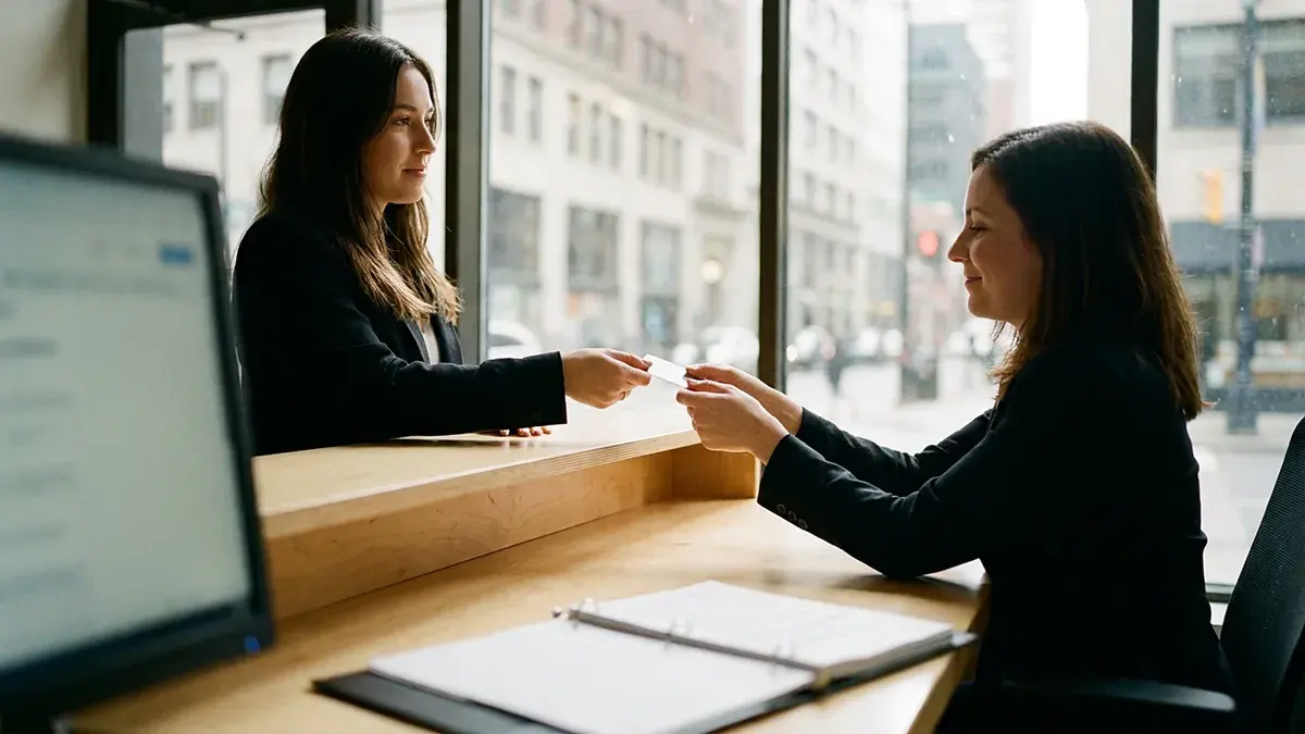 Deux femmes de part et d'autre d'un comptoir, l'une tend une carte d'identité à l'autre
