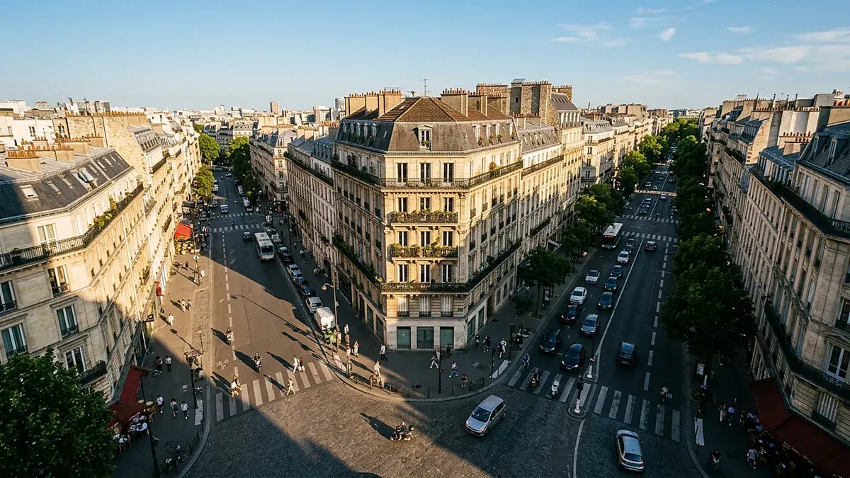 Vue plongeante sur une avenue parisienne bordée d'immeubles