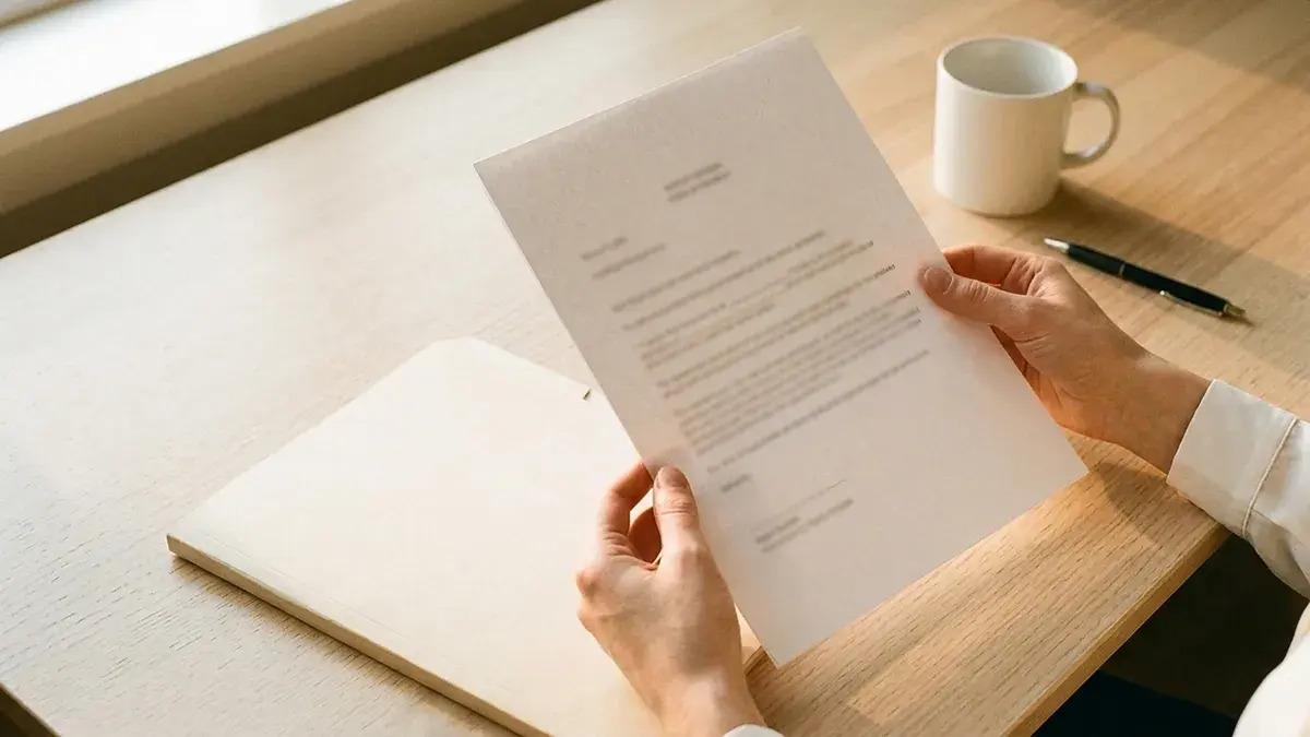 Mains tenant une feuille imprimée au-dessus d'un bureau en bois, tasse et stylo à côté