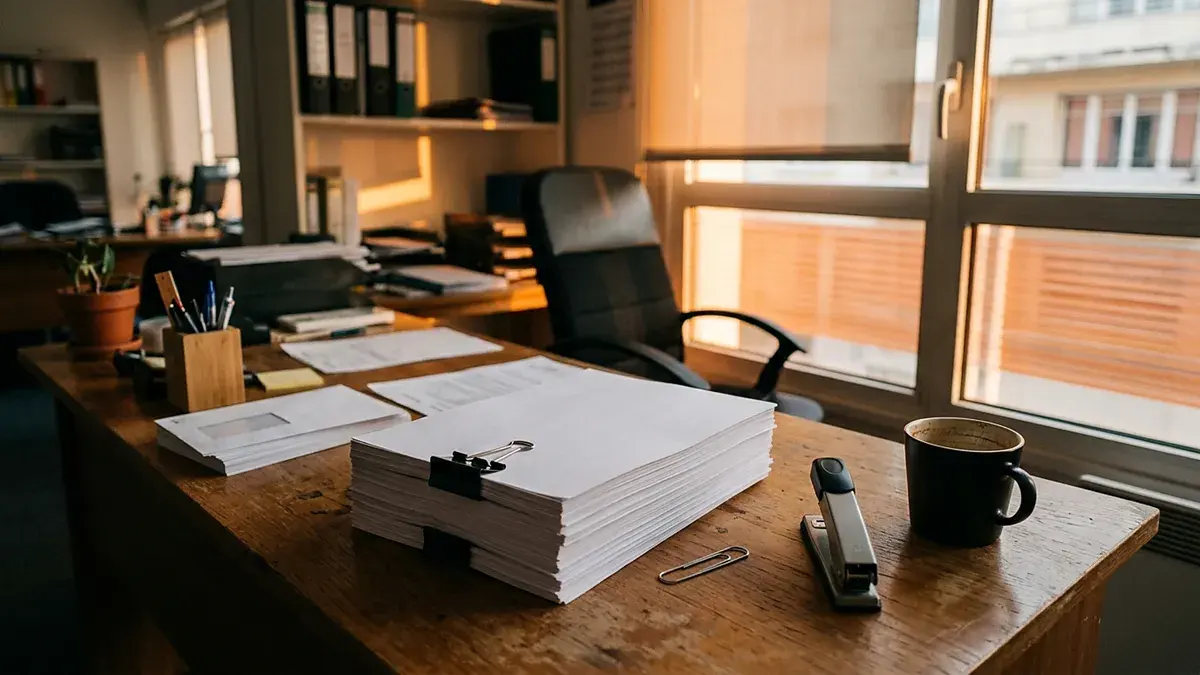 Bureau couvert de piles de documents et tasse, lumière de fin de journée