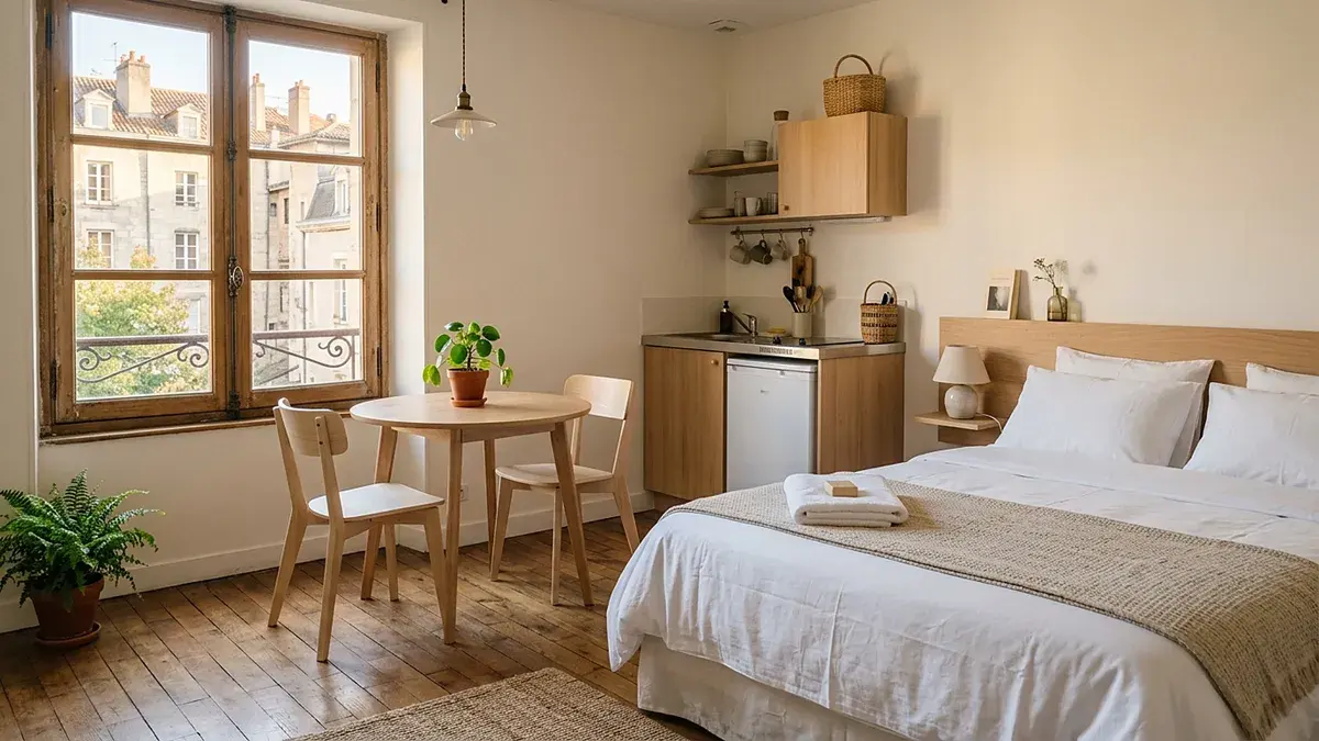 Studio meublé lumineux avec lit fait, table et coin cuisine