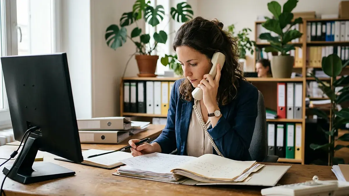 Femme au téléphone prenant des notes à son bureau, classeurs derrière elle