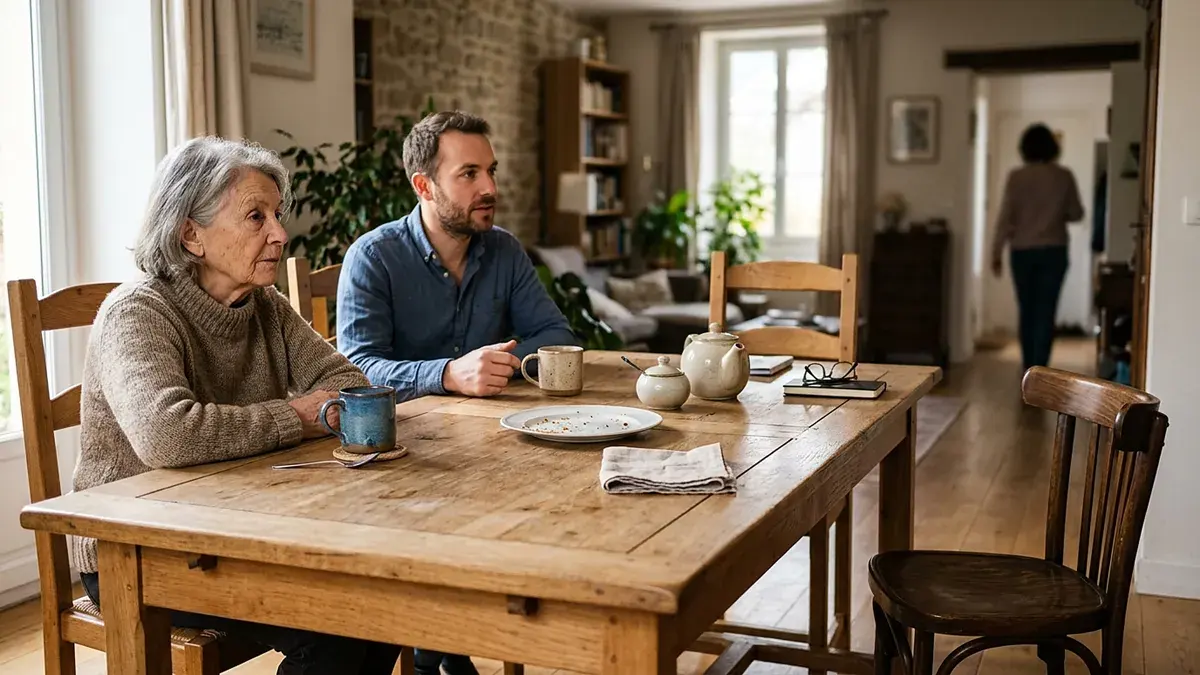 Femme âgée et jeune homme assis à une table de cuisine