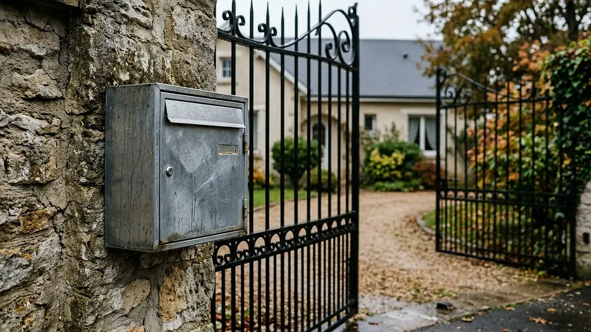 Boîte aux lettres métallique fixée à un mur près d'un portail en fer forgé