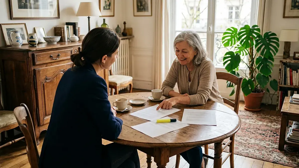 Conseillère et femme âgée assises à une table ronde couverte de documents
