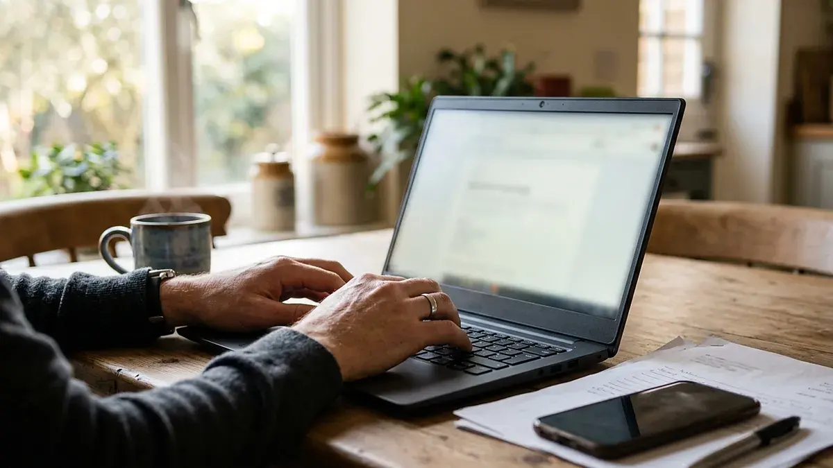 Mains sur le clavier d'un ordinateur portable, téléphone et tasse sur la table