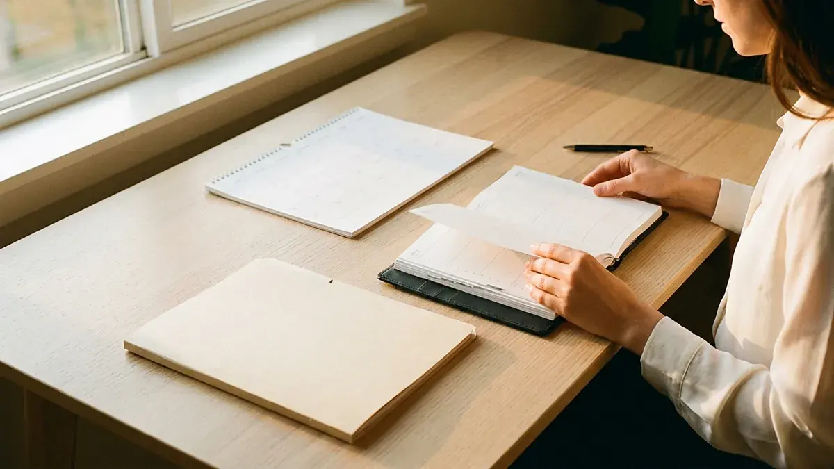 Femme assise à un bureau clair, en train d'écrire dans un carnet près de la fenêtre