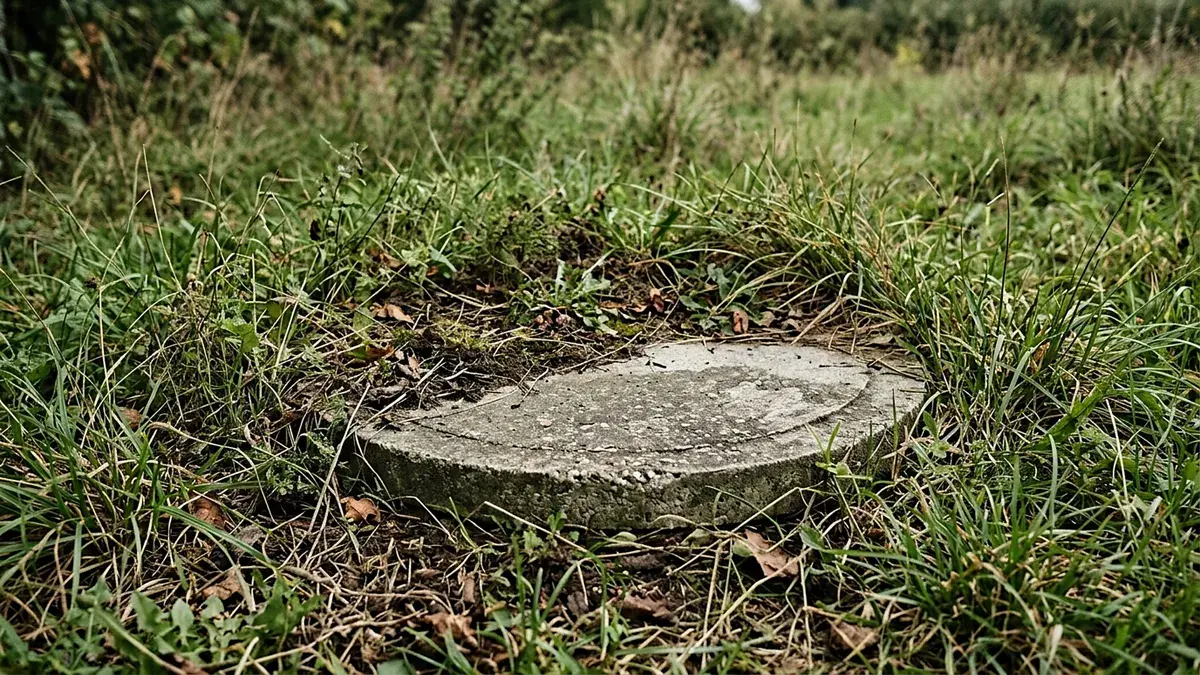 Tampon de fosse en béton au milieu d'une pelouse