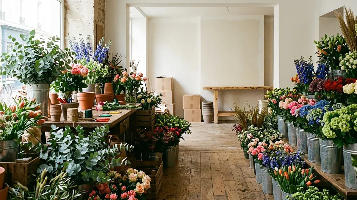 Boutique de fleuriste remplie de bouquets, en cours de réaménagement