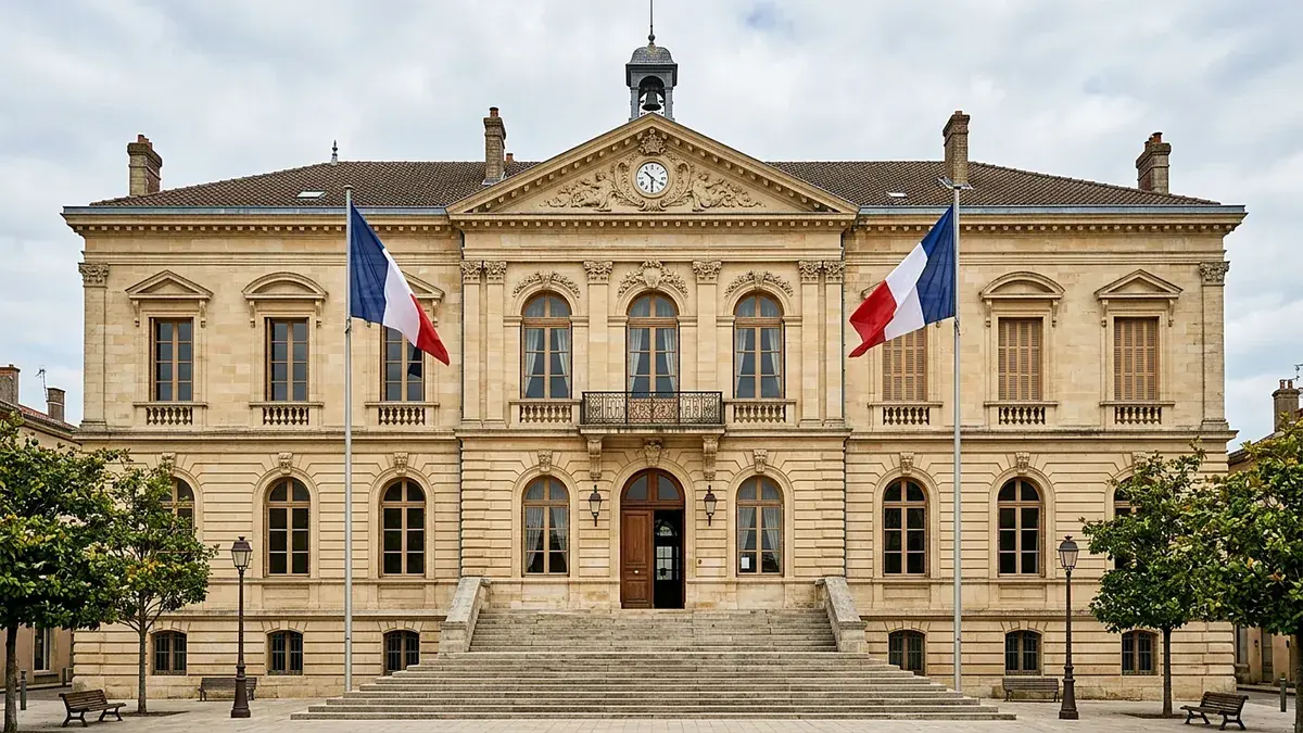 Façade d'un hôtel de ville avec drapeaux, vue de face
