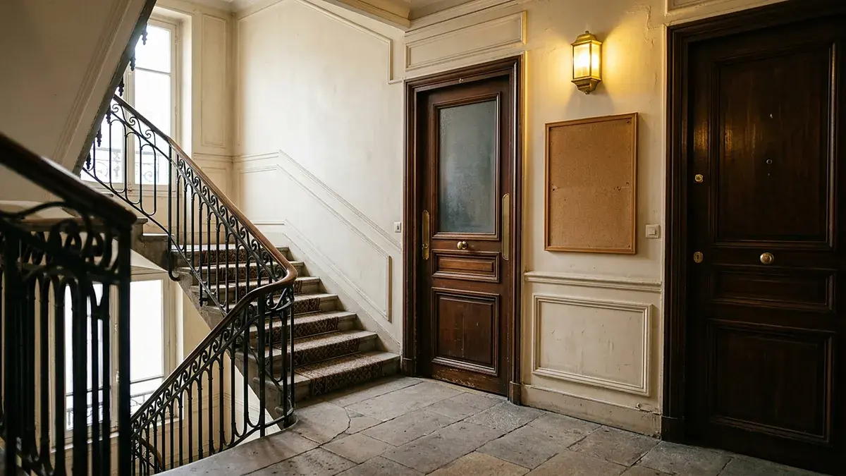 Palier d'immeuble ancien avec escalier en fer forgé et portes d'appartements