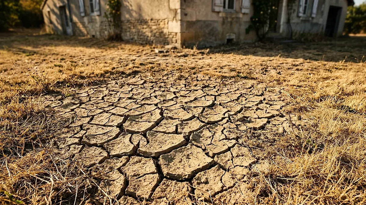 Sol argileux craquelé par la sécheresse devant une maison