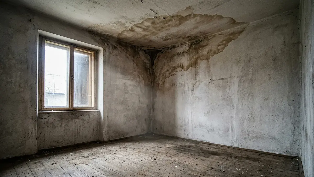 Pièce aux murs et au plafond noircis et dégradés par l'humidité