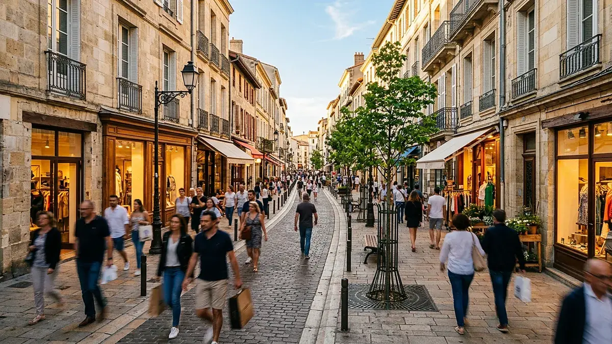 Rue piétonne commerçante très fréquentée, vitrines éclairées