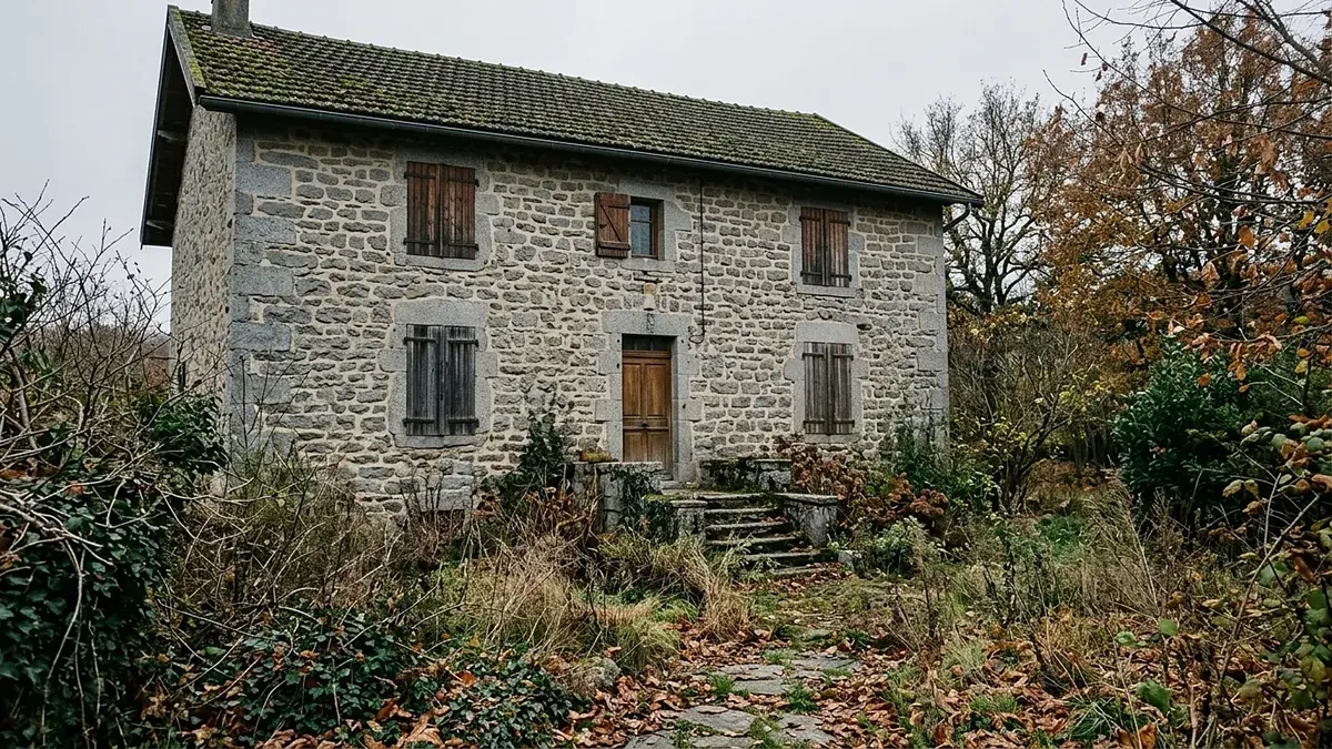 Maison en pierre inhabitée, jardin envahi par la végétation