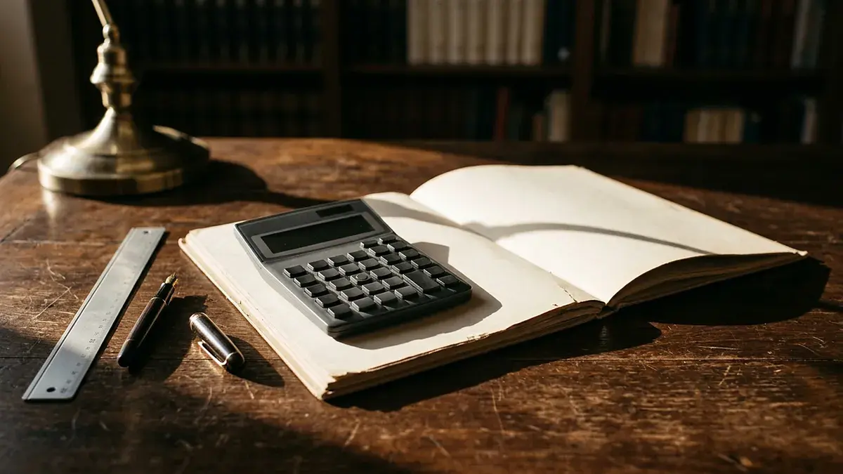 Calculatrice, règle et registre ouvert sur un bureau en bois