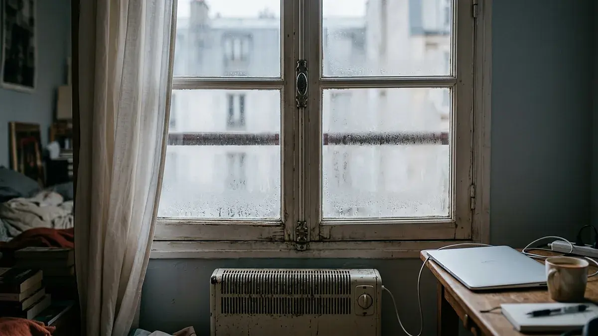Studio sombre avec fenêtre à simple vitrage et bureau
