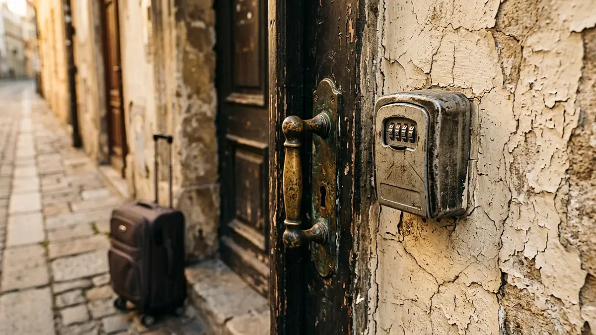 Boîte à clés fixée à côté d'une porte ancienne, valise au pied du mur