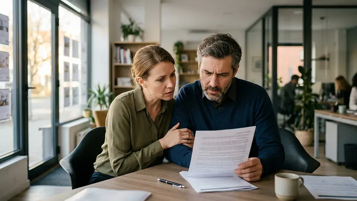 Couple soucieux lisant un document dans une agence