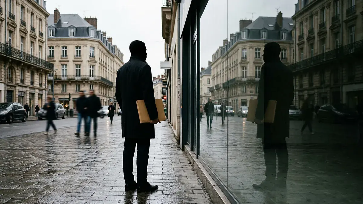 Homme tenant un dossier, debout devant la vitrine d'un local commercial sous la pluie