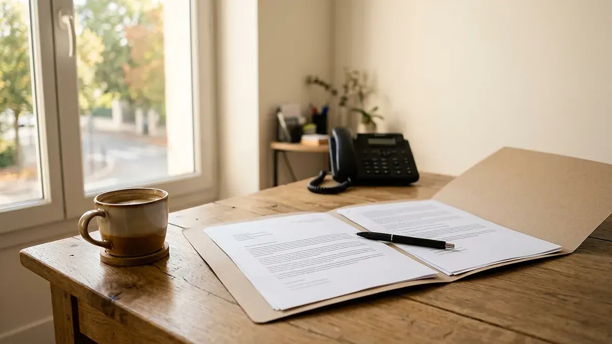 Document, stylo et tasse sur un bureau près d'une fenêtre au matin
