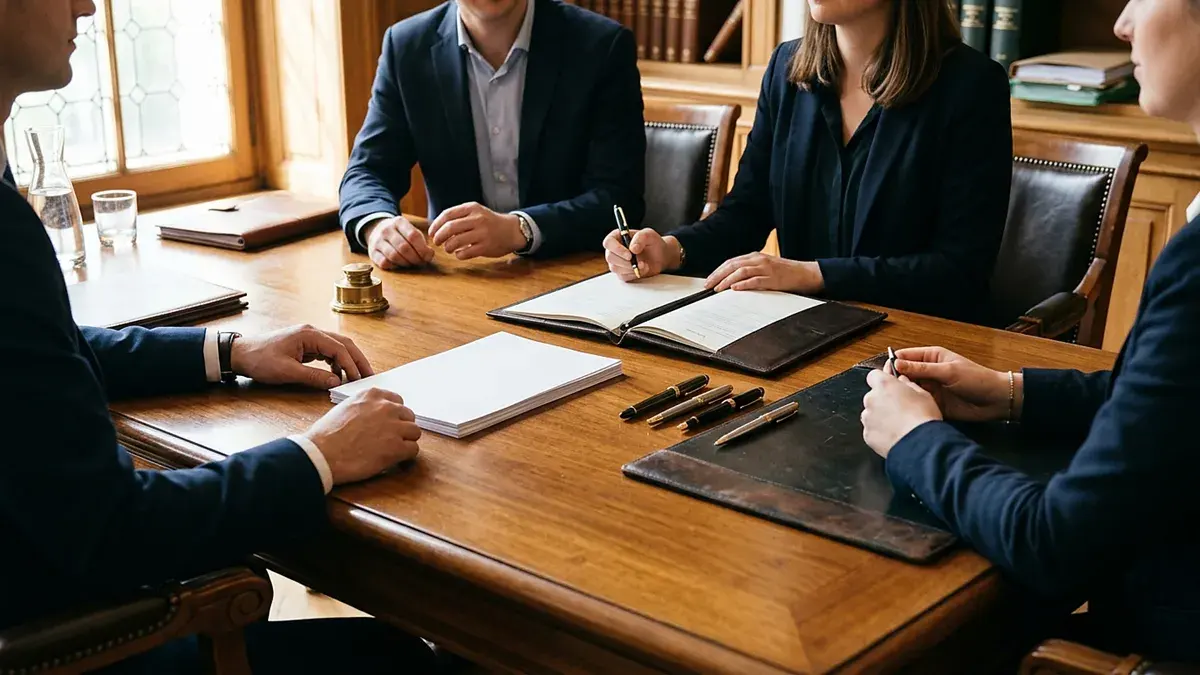Quatre personnes signant des documents autour d'une table en bois