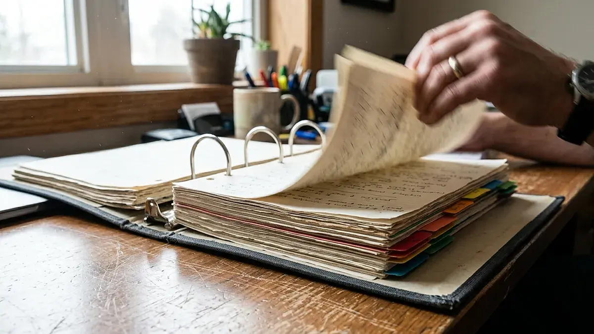 Main feuilletant un épais classeur à onglets sur un bureau