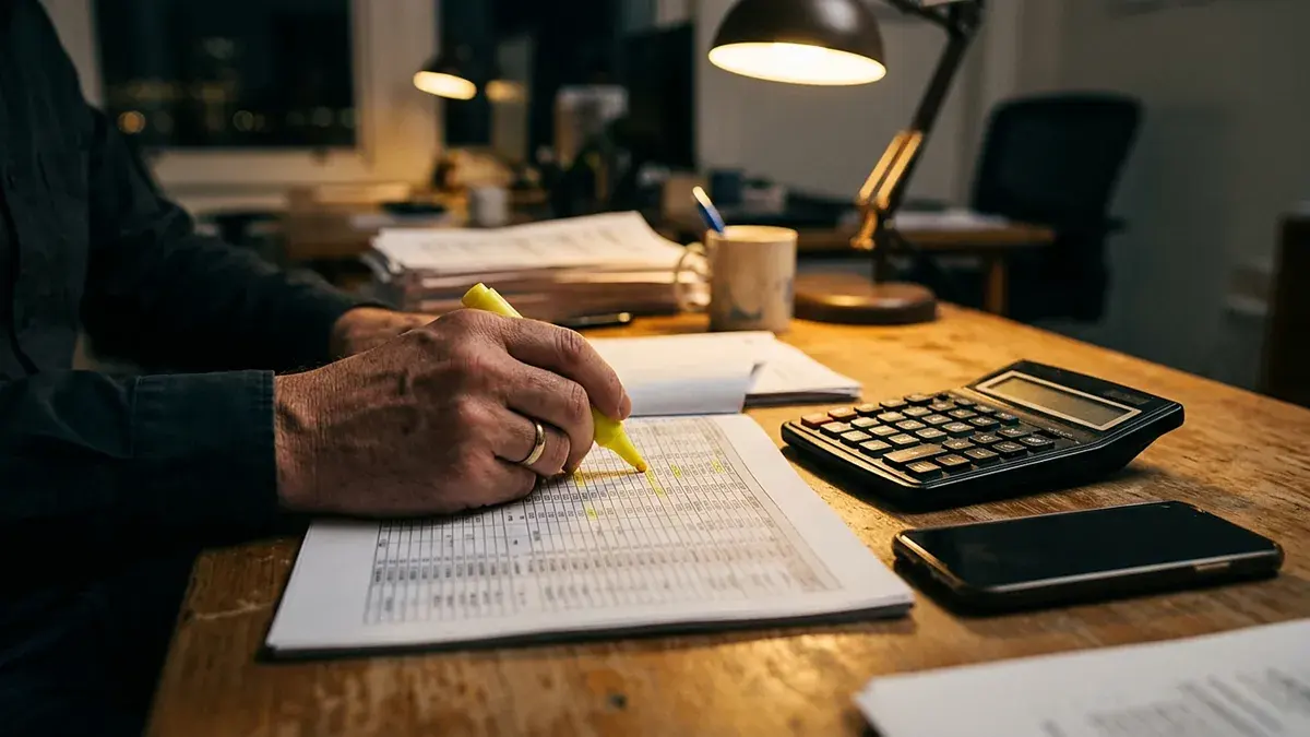 Main surlignant un document chiffré à côté d'une calculatrice, sous une lampe