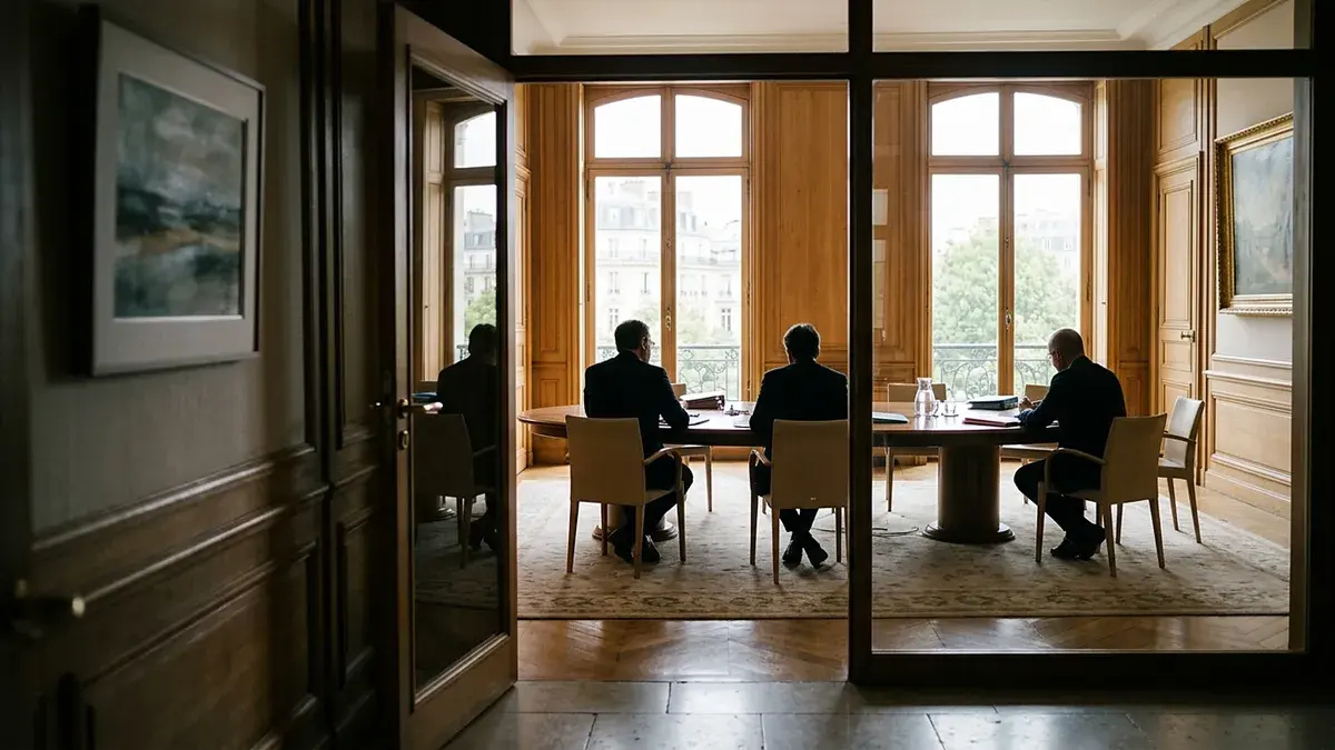Silhouettes autour d'une table dans une étude notariale lambrissée, vue de loin