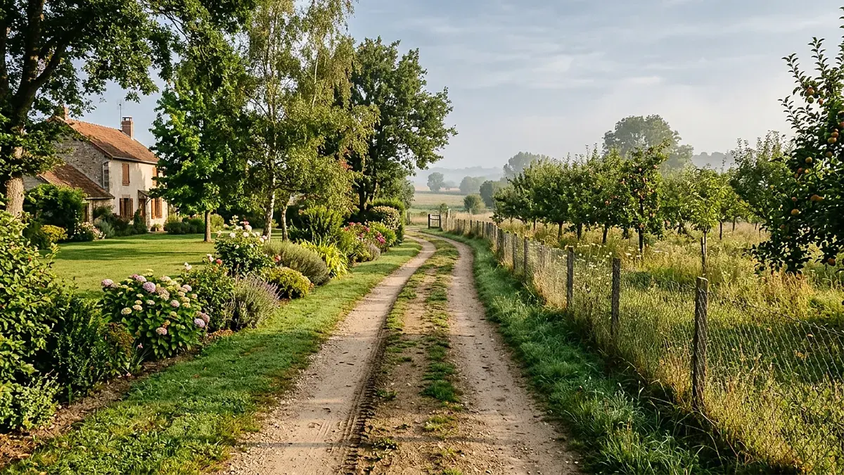 Chemin de terre passant entre deux jardins vers une maison