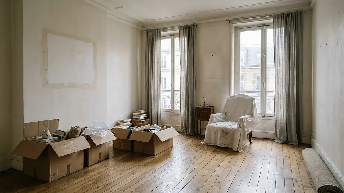 Salon vidé avec cartons au sol et fauteuil couvert d'un drap