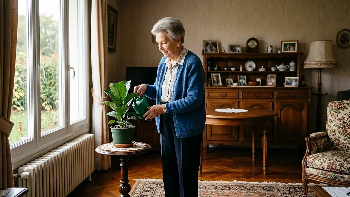 Femme âgée arrosant ses plantes dans son salon